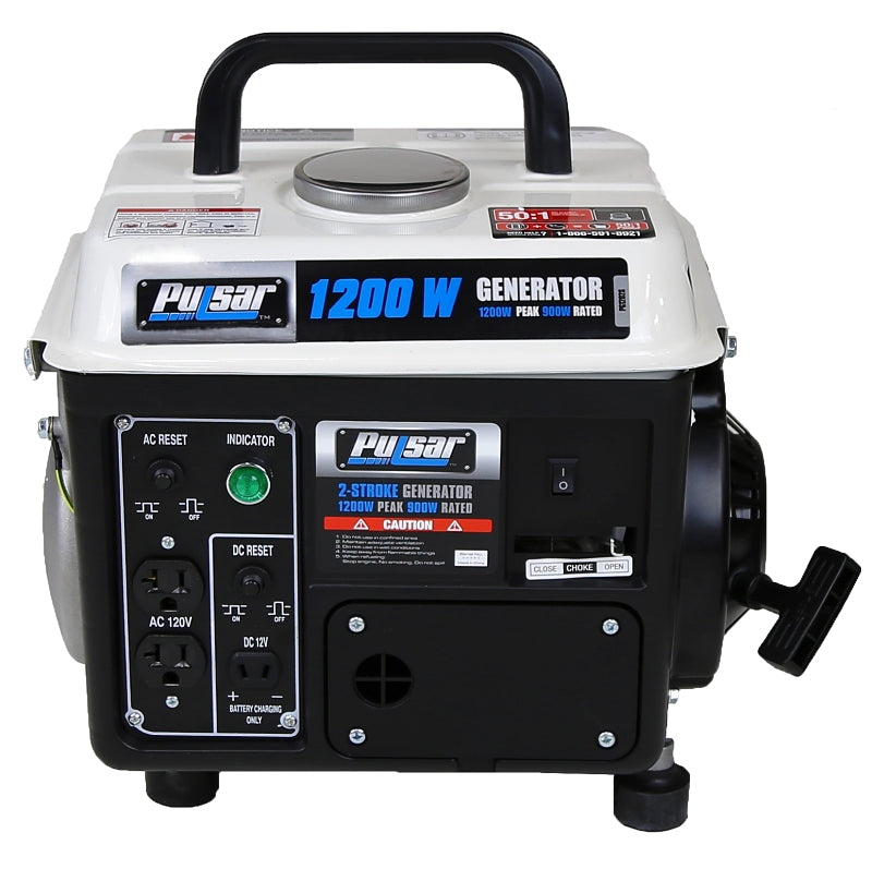 Pulsar PG1202SA Generator, 7-1/2 A, 120 VAC/12 VDC, Non-Leaded Gasoline/Oil Mixture, 1.1 gal Tank, 9 hr Run Time