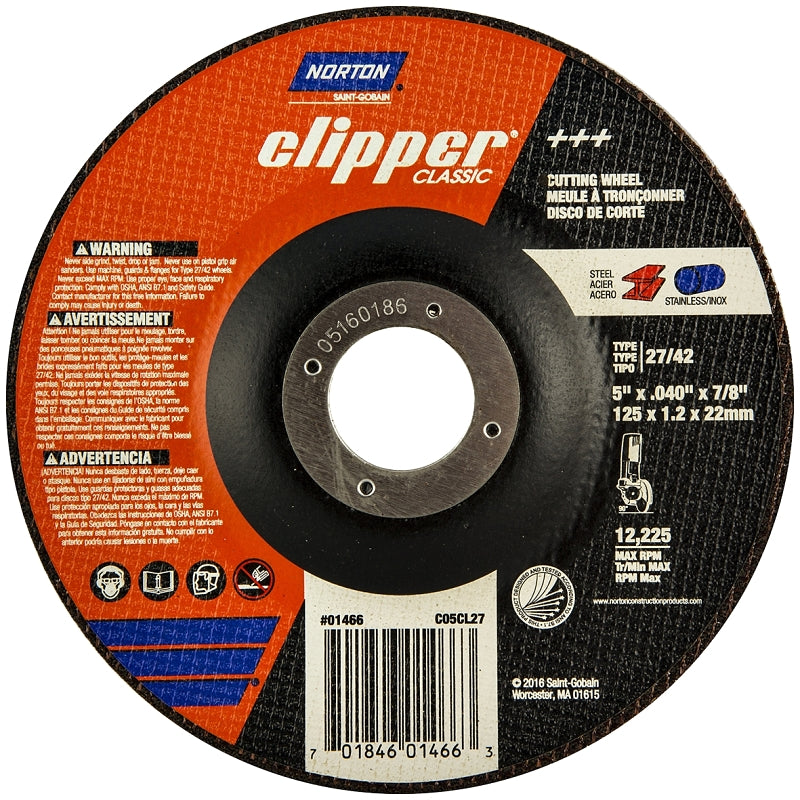 Norton Clipper Classic A AO Series 70184601466 Cut-Off Wheel, 5 in Dia, 0.045 in Thick, 7/8 in Arbor