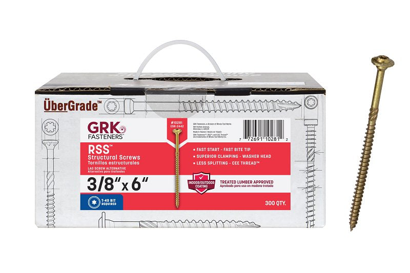 GRK Fasteners RSS 10281 Structural Screw, 3/8 in Thread, 6 in L, Washer Head, Star Drive, Steel, 300 BX
