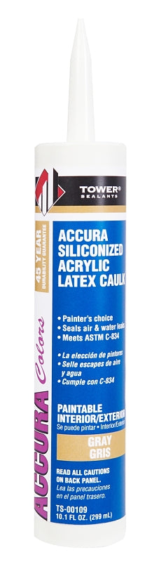 Tower Sealants ACCURA TS-00109 Silicone Caulk, Gray, 7 to 14 days Curing, 40 to 140 deg F, 10.1 fl-oz Tube