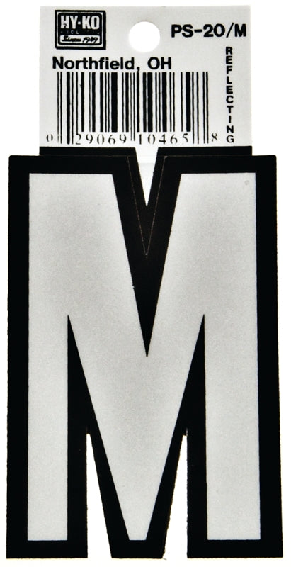 Hy-Ko PS-20/M Reflective Letter, Character: M, 3-1/4 in H Character, Black/White Character, Vinyl