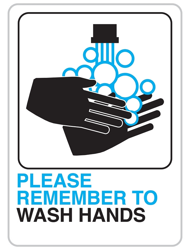 Hy-Ko D-26 Bathroom Sign, Rectangular, PLEASE REMEMBER TO WASH HANDS, Black/Blue Legend, White Background, Plastic