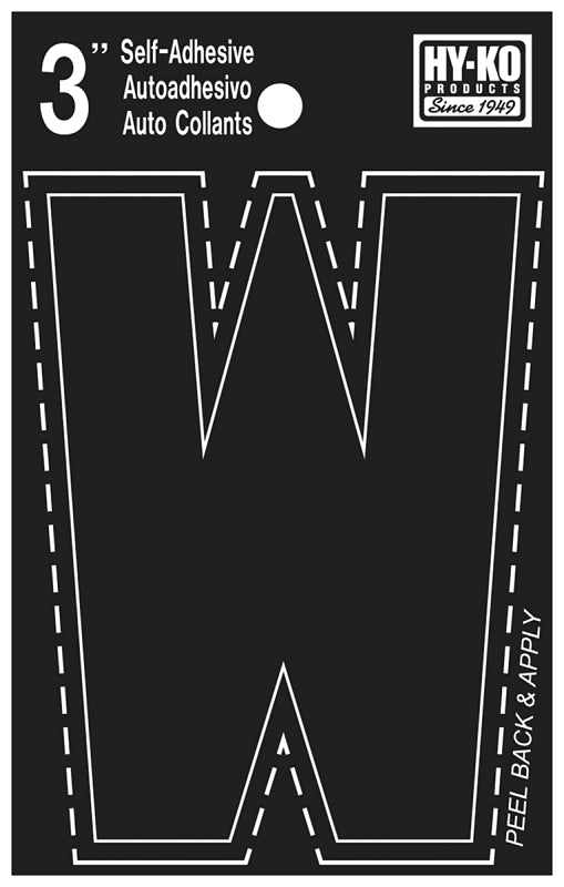 Hy-Ko 30400 Series 30433 Die-Cut Letter, Character: W, 3 in H Character, Black Character, Vinyl
