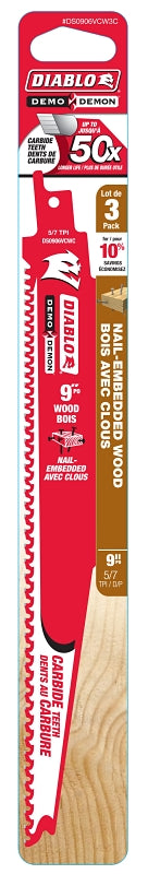 Diablo DS0906VCW3C Reciprocating Saw Blade, 9 in L, Carbide Cutting Edge