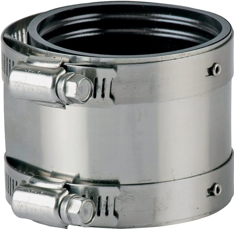 ProSource Coupling, 1-1/2 in, Rubber/Stainless Steel, Black/Stainless Steel Shield