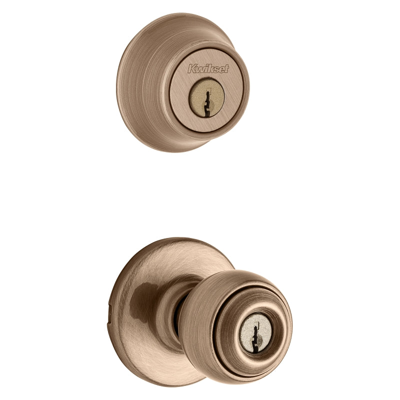 Kwikset 690P 5CP 6ALRCSK6 Deadbolt Security Set, Knob Handle, Polo Design, Antique Brass, 3 Grade