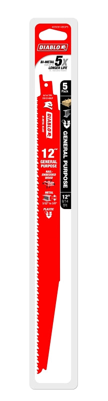 Diablo DS1214BGP5 Reciprocating Saw Blade, 12 in L, 8/14 TPI