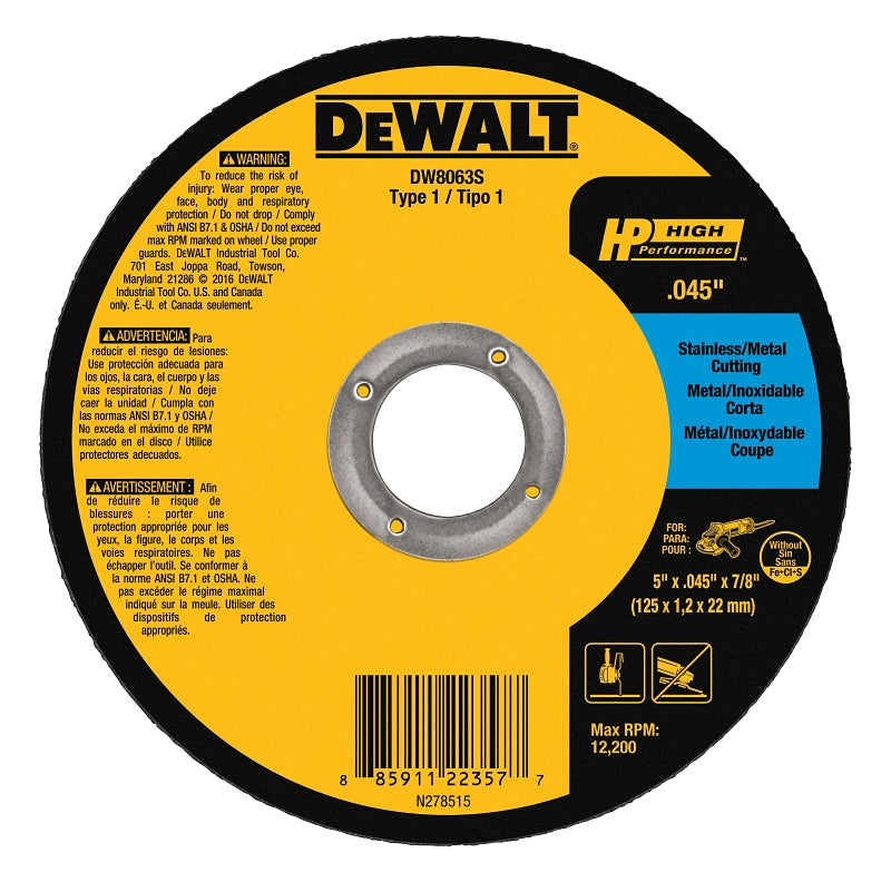 DEWALT HP DW8063 Cutting Wheel, 5 in Dia, 0.045 in Thick, 7/8 in Arbor, 60 Grit, Coarse, Aluminum Oxide Abrasive