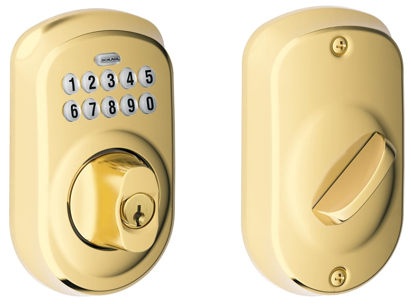 Schlage BE365 PLY 505 Electronic Dead Bolt, Bright Brass, Residential, Grade 1 Grade, Metal, Thumb Turn Interior Handle