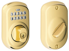 Schlage BE365 PLY 505 Electronic Dead Bolt, Bright Brass, Residential, Grade 1 Grade, Metal, Thumb Turn Interior Handle