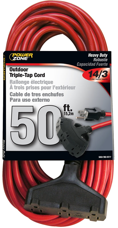 PowerZone OR614730/606730 Extension Cord, 14 AWG Cable, 50 ft L, 125 V, Red