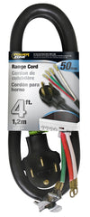PowerZone Power Supply Range Cord, 6 8 AWG Cable, 4 ft L, 50 A, 250 V, Black