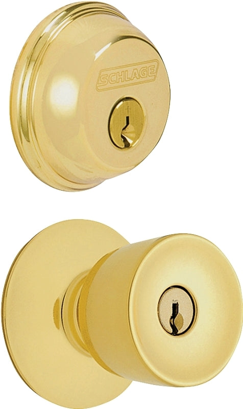 Schlage FB50NVBEL505 Deadbolt and Knobset, Mechanical Lock, Knob Handle, Tulip Design, Bright Brass, Yes, Grade 1 Grade