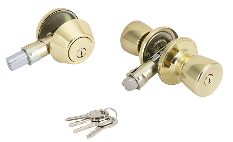 ProSource T-5764-D101PB Deadbolt and Entry Lockset, Turnbutton Lock, Knob Handle, Tulip Design, Polished Brass, 3 Grade