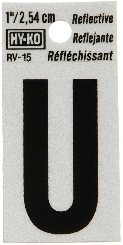 Hy-Ko RV-15/U Reflective Letter, Character: U, 1 in H Character, Black Character, Silver Background, Vinyl