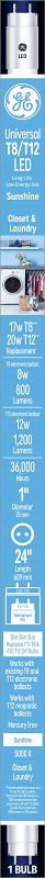 GE 37156 LED Tube Light Bulb, Specialty, T8 Lamp, Bi-Pin Lamp Base, Clear, Daylight Light, 5000 K Color Temp