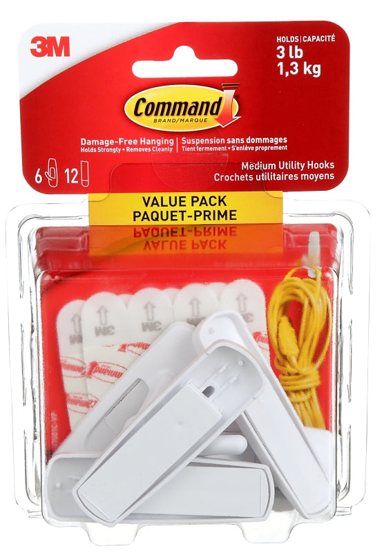 Command 17001C-VP Medium Utility Hook, 3 lb, 6-Hook, Plastic, White