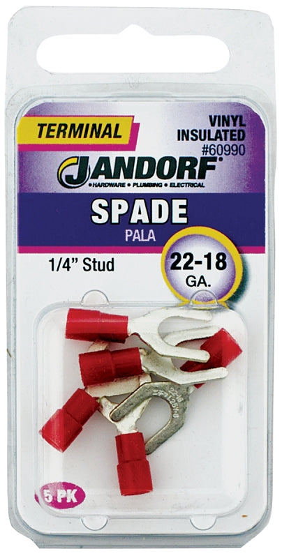 Jandorf 60990 Spade Terminal, 600 V, 22 to 18 AWG Wire, 1/4 in Stud, Vinyl Insulation, Copper Contact, Red
