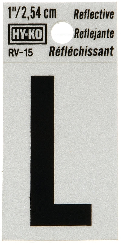 Hy-Ko RV-15/L Reflective Letter, Character: L, 1 in H Character, Black Character, Silver Background, Vinyl