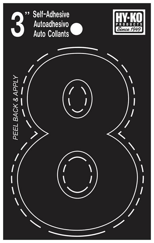 Hy-Ko 30400 Series 30408 Die-Cut Number, Character: 8, 3 in H Character, Black Character, Vinyl