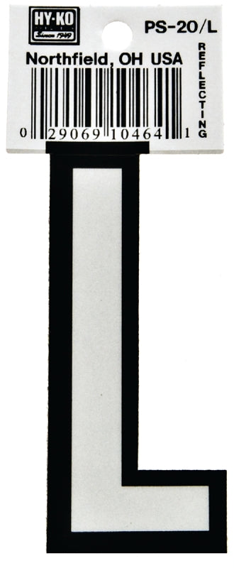 Hy-Ko PS-20/L Reflective Letter, Character: L, 3-1/4 in H Character, Black/White Character, Vinyl