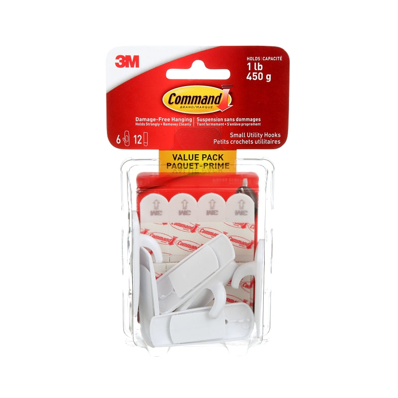 Command 17002C-VP Small Utility Hook, 1 lb, 6-Hook, Plastic, White