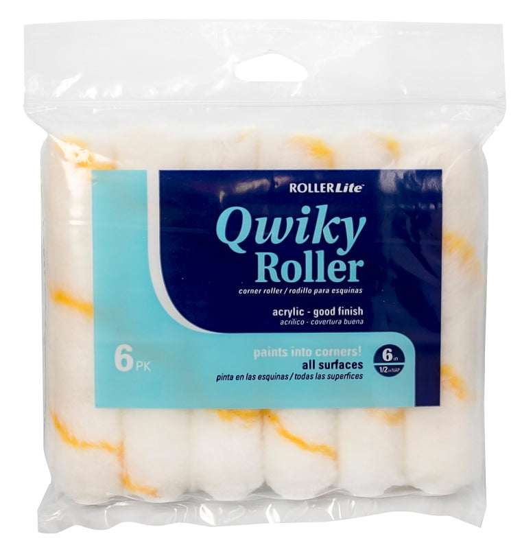 RollerLite Qwiky 6CR050Q-6 Mini Roller Cover, 1/2 in Thick Nap, 6 in L, Acrylic Cover, Gold/White