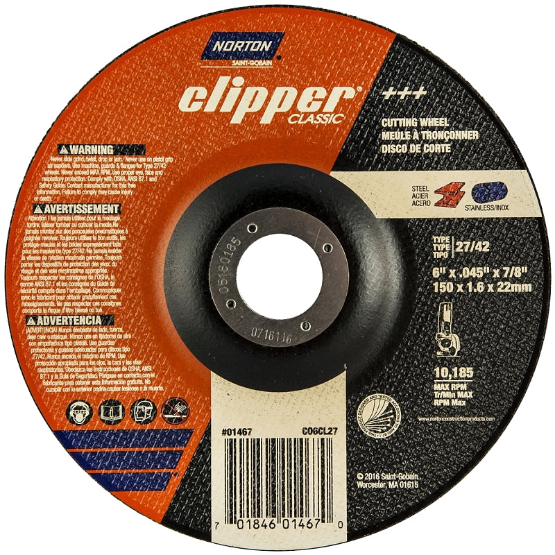 Norton Clipper Classic A AO Series 70184601467 Cut-Off Wheel, 6 in Dia, 0.045 in Thick, 7/8 in Arbor