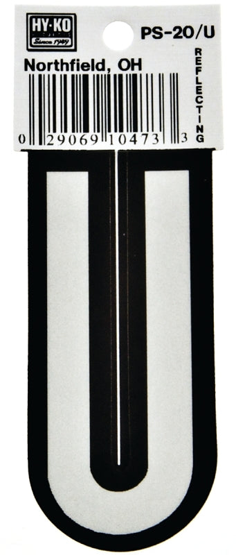 Hy-Ko PS-20/U Reflective Letter, Character: U, 3-1/4 in H Character, Black/White Character, Vinyl