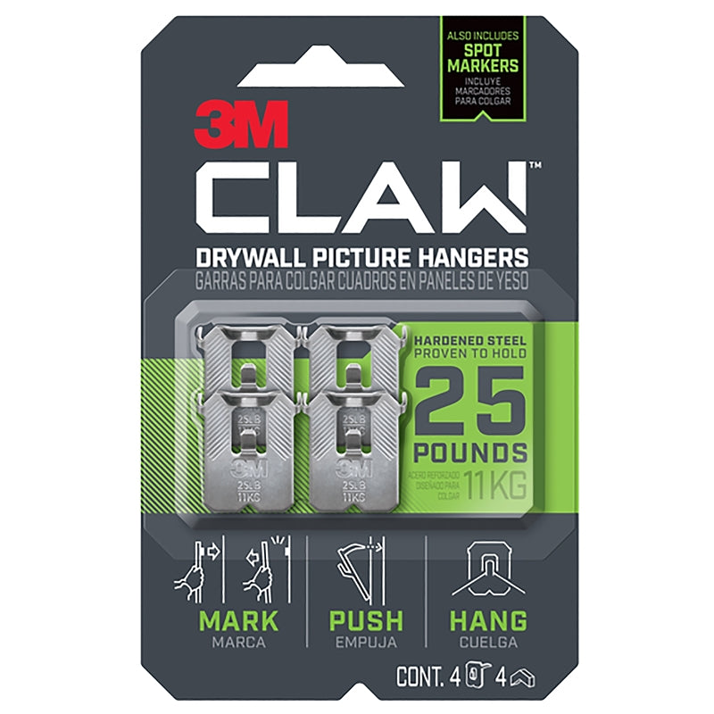 3M CLAW 3PH25M-4ES Drywall Picture Hanger, 25 lb, Steel, Push-In Mounting