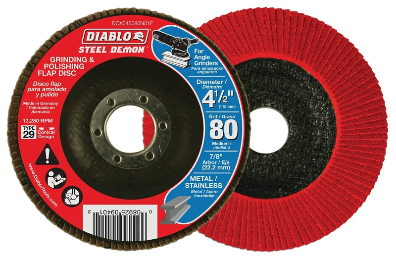 Diablo Steel Demon DCX045080N01F Flap Disc, 4-1/2 in Dia, 7/8 in Arbor, 80 Grit, Medium, Zirconium Oxide Abrasive
