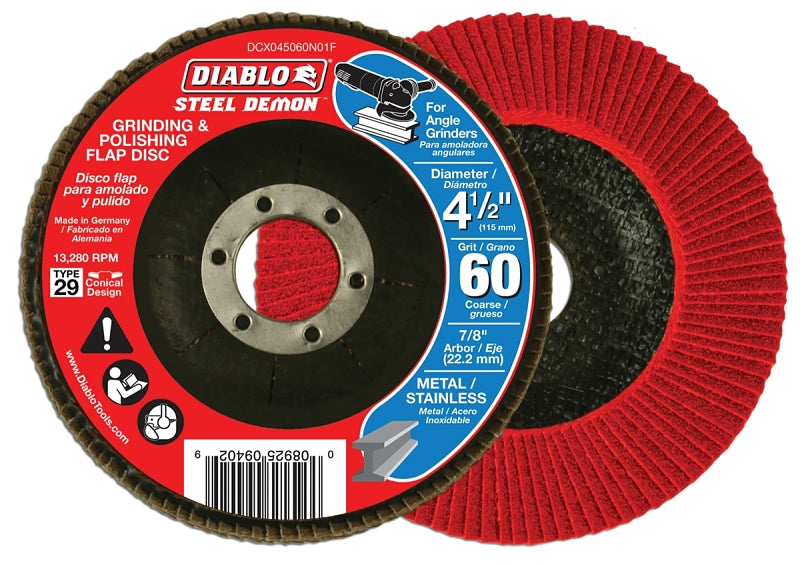 Diablo Steel Demon DCX045060N01F Flap Disc, 4-1/2 in Dia, 7/8 in Arbor, 60 Grit, Coarse, Zirconia Abrasive