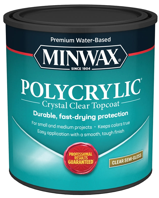 Minwax Polycrylic 64444444 Protective Finish Paint, Semi-Gloss, Liquid, Crystal Clear, 1 qt, Can