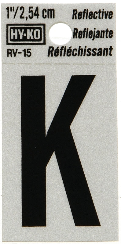 Hy-Ko RV-15/K Reflective Letter, Character: K, 1 in H Character, Black Character, Silver Background, Vinyl