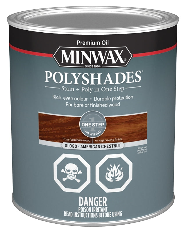 Minwax PolyShades CM3475300 Stain and Polyurethane, Gloss, Liquid, American Chestnut, 946 mL, Can