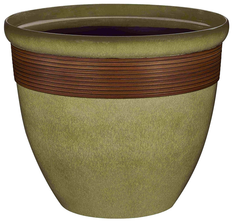 Landscapers Select Tall Wave Planter, 15 in Dia, Round, Resin, Olive Green with Wood Accent
