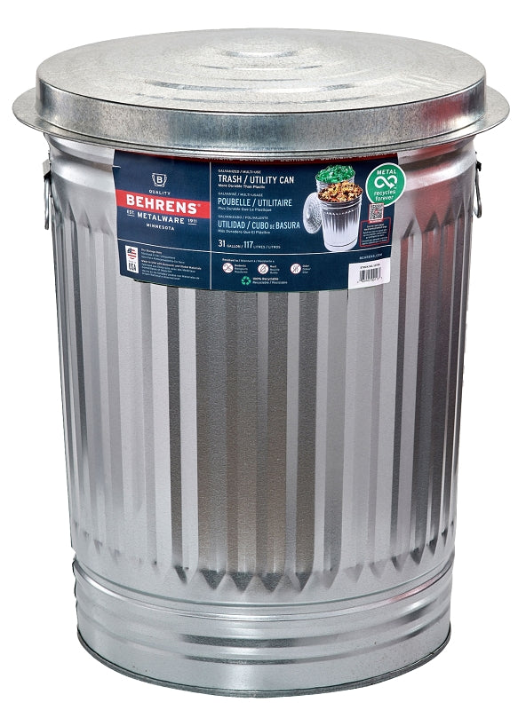 GARBAGE CAN W/LID GALV 31 GAL