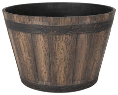 Landscapers Select Barrel Planter, 14-3/4 in Dia, Round, Whiskey Barrel Design, Resin, Weathered Oak