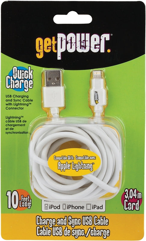 GetPower GP-XL-USB-L USB Charging and Sync Cable, White, 10 ft L
