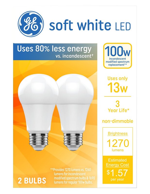 GE 93131322 LED Light Bulb, A19 Lamp, 100 W Equivalent, Medium Lamp Base, Non-Dimmable, Soft White/Warm White