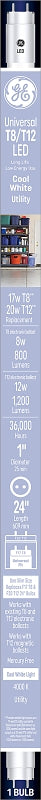 GE 37151 Linear Bulb, T8 Lamp, 20 W Equivalent, Bi-Pin Lamp Base, Frosted, Cool White Light, 4000 K Color Temp
