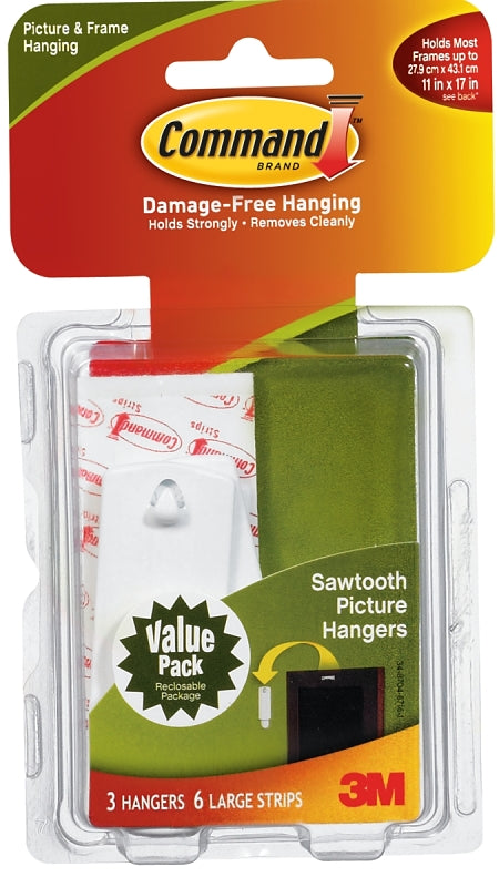 Command 17042 Picture Hanger, 5 lb, Plastic, White, 1-1/8 in Opening, Adhesive Strip Mounting