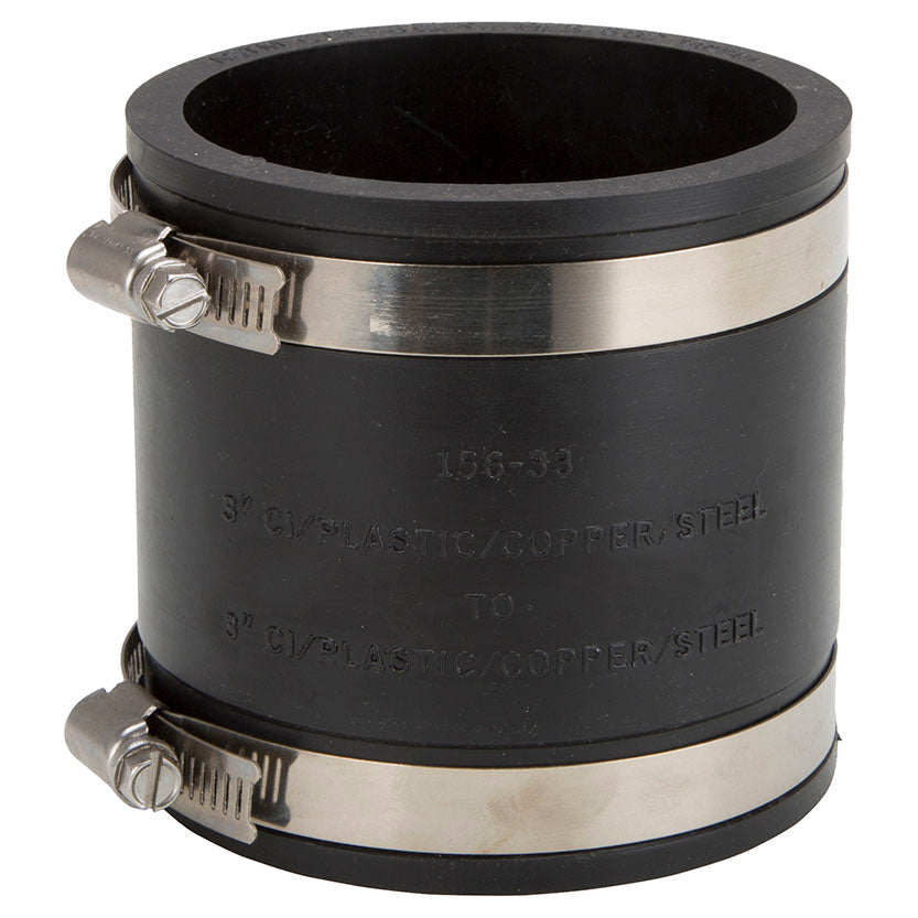 ProSource FC56-33 Coupling, 3 x 3 in, Cast Iron, Plastic and Steel Drain Pipes, PVC, Black