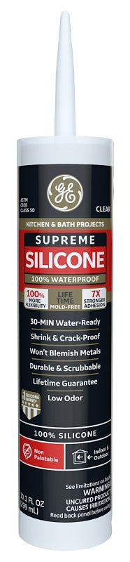 GE Supreme Silicone 2822051 Kitchen and Bath Sealant, Clear, 24 hr Curing, 40 to 100 deg F, 10.1 fl-oz Cartridge
