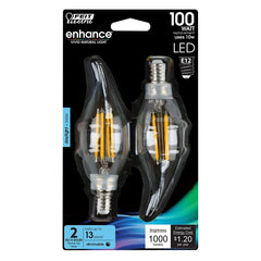 Feit Electric BPCFC100950CAFIL/2 LED Light Bulb, Bent Tip Lamp, 100 W Equivalent, E12 Candelabra Lamp Base, Dimmable