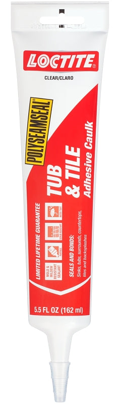 Loctite 2-In-1 2138419 Tub and Tile Adhesive Caulk, Clear, 1 to 14 days Curing, 20 to 170 deg F, 5.5 oz Squeeze Tube