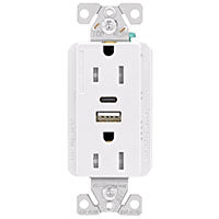 Eaton Cooper Wiring TRUSBAC15 Series TRUSBAC15W-K-L Duplex Receptacle, 2-Pole, 5 A, 125 VAC, 2-USB Port, Type A, C USB