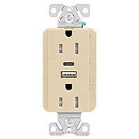 Eaton Cooper Wiring TRUSBAC15 Series TRUSBAC15V-K-L Duplex Receptacle, 2-Pole, 5 A, 125 VAC, 2-USB Port, Type A, C USB