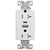 Arrow Hart TRUSBAC20 Series TRUSBAC20W-K-L Duplex Receptacle, 2-Pole, 5 A, 125 VAC, 2-USB Port, Type A, C USB, White