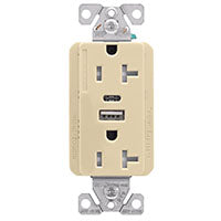 Eaton Cooper Wiring TRUSBAC20 Series TRUSBAC20V-K-L Duplex Receptacle, 2-Pole, 5 A, 125 VAC, 2-USB Port, Type A, C USB